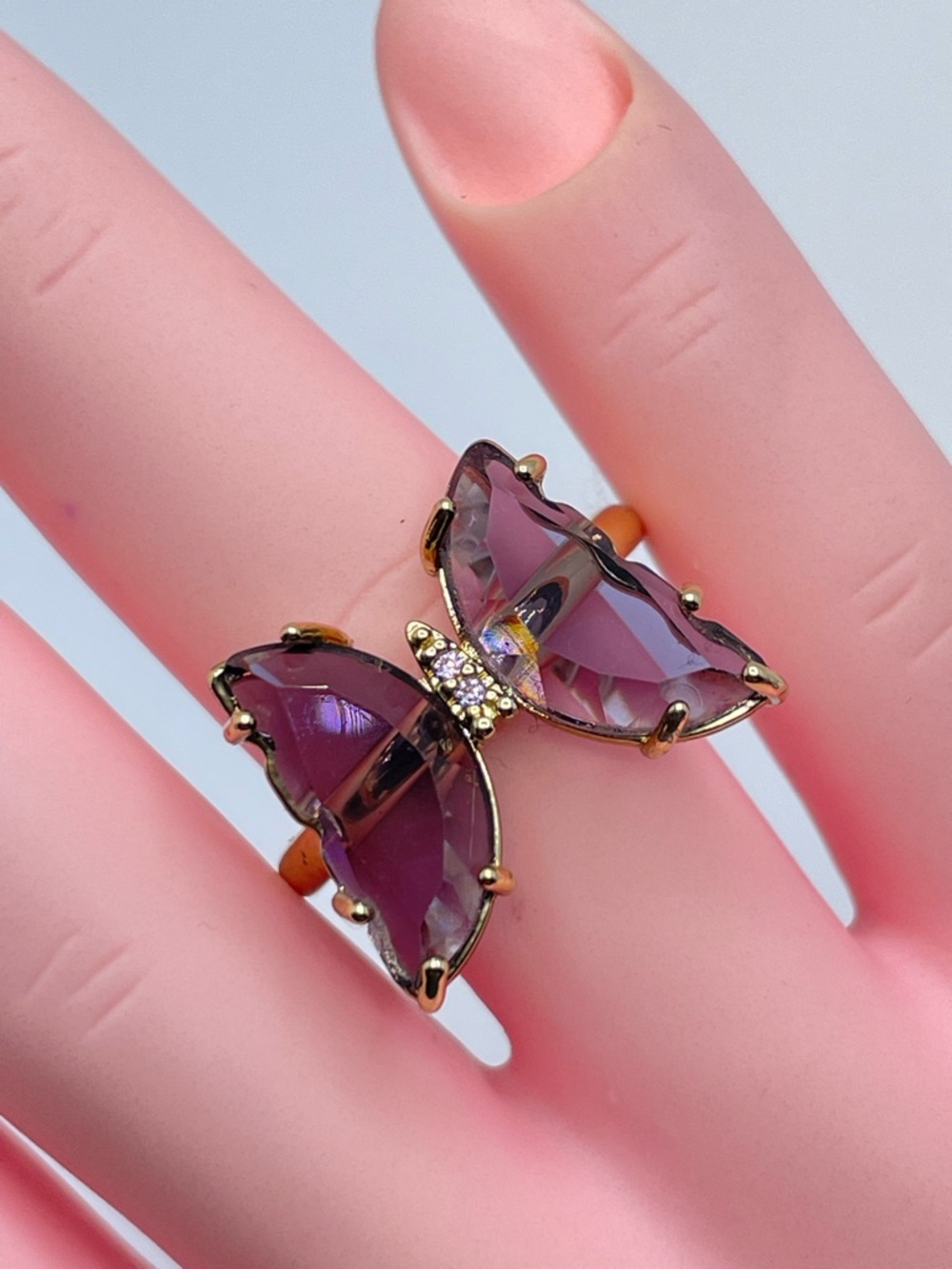 Purple Crystal Butterfly Ring Gold Statement Sz 8 Whimsical Boho Cottagecore